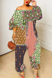 Multicolor Graphics Boho Print Off Shoulder Long Sleeve Vacation Casual Harem Leg Jumpsuits