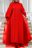 Red Cable Knit Turtleneck Balloon Sleeves Winter Long Sweater with Tulle Layered Hem Maxi Skirt Two Piece Dress Set