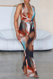 Multicolor Ombre Print Sleeveless Backless Belted Spaghetti Strap Bodycon Halter Jumpsuits