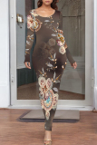 Dark Brown Floral Print O Neck Long Sleeve Casual Outing Vacation Bodycon Maxi Dresses