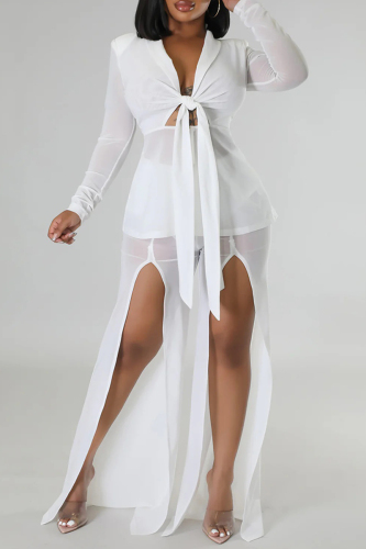 White V Neck Long Sleeve See-Through Belted Tops And Slit Mesh Pants Formal Evening Party Prom Two Pieces Trouser Sets