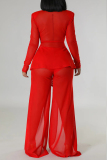 White V Neck Long Sleeve See-Through Belted Tops And Slit Mesh Pants Formal Evening Party Prom Two Pieces Trouser Sets