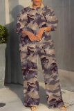 Green Brown Camouflage Print O Neck Long Sleeve Sweatshirt And Wide Leg Pants Casual Sportwear Two Pieces Jogger Sets