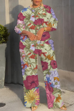 White Red Floral Print O Neck Long Sleeve Sweatshirt And Wide Leg Pants Casual Sportwear Two Pieces Jogger Sets