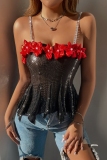 Black Flowers Decor Sleeveless Backless Spaghetti Strap Night Club Chains Cami Tops