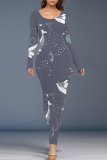 Light Blue Cartoon Print O Neck Long Sleeve Casual Outing Vacation Bodycon Maxi Dresses
