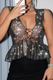 Black Rhinestone V Neck Hollow Out See-Through Belted Ruffle Hem Nightclub Mesh Tops