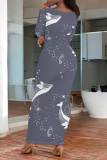 Light Blue Cartoon Print O Neck Long Sleeve Casual Outing Vacation Bodycon Maxi Dresses