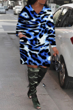 Blue Graphics Print V Neck Long Sleeve Pockets Loose Casual Mini Dresses