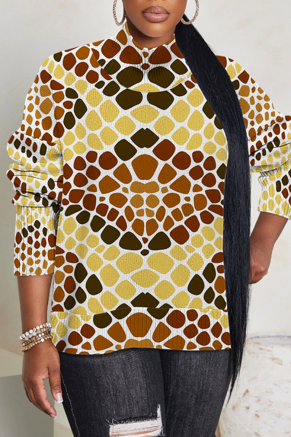 Yellow Graphics Print Turtleneck Long Sleeve Casual Fall Winter Knitted Sweater Tops