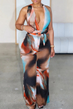 Multicolor Ombre Print Sleeveless Backless Belted Spaghetti Strap Bodycon Halter Jumpsuits
