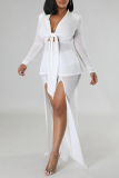White V Neck Long Sleeve See-Through Belted Tops And Slit Mesh Pants Formal Evening Party Prom Two Pieces Trouser Sets