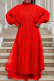 Red Cable Knit Turtleneck Balloon Sleeves Winter Long Sweater with Tulle Layered Hem Maxi Skirt Two Piece Dress Set
