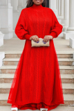 Red Cable Knit Turtleneck Balloon Sleeves Winter Long Sweater with Tulle Layered Hem Maxi Skirt Two Piece Dress Set