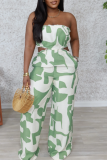 White Green Graphics Print Backless Strapless Pocket Casual Vacation Loose Wide Leg Tube Tops Jumpsuits