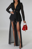 White V Neck Long Sleeve See-Through Belted Tops And Slit Mesh Pants Formal Evening Party Prom Two Pieces Trouser Sets