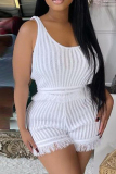 White U Neck Sleeveless Tassel Tank Tops And Shorts Casual Two Pieces Shorts Sets
