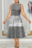 Gray Blue Floral Print Sleeveless O Neck Casual Vacation Pleated Midi Tank Dresses