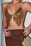 Glod Leopard Backless Sleeveless Fringed Trim Nightclub Chains Halter Crop Tops
