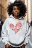 White Pink Letter Love Print Long Sleeve Draw String Pocket Casual Fall Winter Hooded Sweatshirt