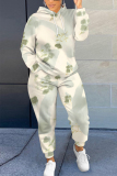 Light Yellow Floral Print Long Sleeve Hooded Sweatshirts and Drawstring Pants Two Pieces Sportwear Casual Sweatsuits Sets