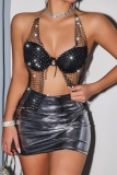 Black Rhinestone Backless Hollow Out Belted Nightclub Mesh Halter Tops