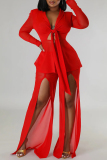 White V Neck Long Sleeve See-Through Belted Tops And Slit Mesh Pants Formal Evening Party Prom Two Pieces Trouser Sets