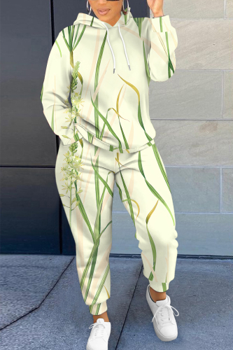 Light Yellow Floral Print Long Sleeve Hooded Sweatshirts and Drawstring Pants Two Pieces Sportwear Casual Sweatsuits Sets