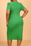 Green Flower Shape U Neck Short Sleeve Formal Office Lady Plus Size Bodycon Midi Dresses