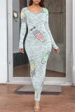 Light Blue Cartoon Print O Neck Long Sleeve Casual Outing Vacation Bodycon Maxi Dresses