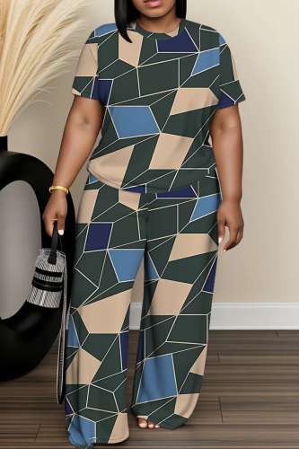 Multicolor Graphics Print Round Neck Short Sleeve T-shirt And Wide Leg Pants Two Pieces Trouser Sets
