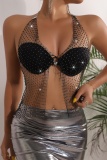 Black Rhinestone Backless Hollow Out Belted Nightclub Mesh Halter Tops