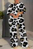 Pink Leopard Print O Neck Long Sleeve Sweatshirt And Wide Leg Pants Casual Sportwear Two Pieces Jogger Sets