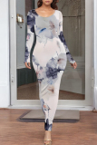 Dark Brown Floral Print O Neck Long Sleeve Casual Outing Vacation Bodycon Maxi Dresses
