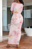 Dark Brown Floral Print O Neck Long Sleeve Casual Outing Vacation Bodycon Maxi Dresses