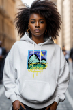 Army Green Graphics Print Long Sleeve Draw String Pocket Casual Fall Winter Hooded Sweatshirt