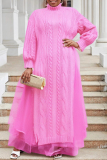 Red Cable Knit Turtleneck Balloon Sleeves Winter Long Sweater with Tulle Layered Hem Maxi Skirt Two Piece Dress Set