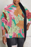 Light Green Floral Print Turtleneck Long Sleeve Casual Fall Winter Knitted Sweater Tops