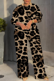 Pink Leopard Print O Neck Long Sleeve Sweatshirt And Wide Leg Pants Casual Sportwear Two Pieces Jogger Sets