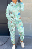 Light Yellow Floral Print Long Sleeve Hooded Sweatshirts and Drawstring Pants Two Pieces Sportwear Casual Sweatsuits Sets