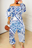 Multicolor Graphics Boho Print Off Shoulder Long Sleeve Vacation Casual Harem Leg Jumpsuits