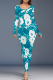 Blue Floral Print O Neck Long Sleeve Casual Outing Vacation Bodycon Maxi Dresses