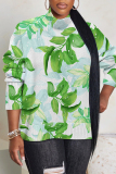 Light Green Floral Print Turtleneck Long Sleeve Casual Fall Winter Knitted Sweater Tops