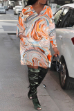 Blue Graphics Print V Neck Long Sleeve Pockets Loose Casual Mini Dresses