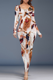 Dark Brown Floral Print O Neck Long Sleeve Casual Outing Vacation Bodycon Maxi Dresses