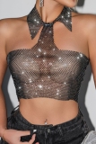 Black Sleeveless Backless Rhinestone Decor Hollow Out See-Through Nightclub Mesh Halter Crop Tops