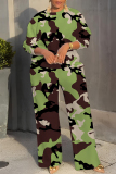 Green Brown Camouflage Print O Neck Long Sleeve Sweatshirt And Wide Leg Pants Casual Sportwear Two Pieces Jogger Sets