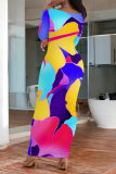 Blue Floral Print O Neck Long Sleeve Casual Outing Vacation Bodycon Maxi Dresses