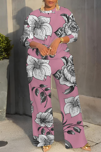 Pink Red Floral Print O Neck Long Sleeve Sweatshirt And Wide Leg Pants Casual Sportwear Two Pieces Jogger Sets