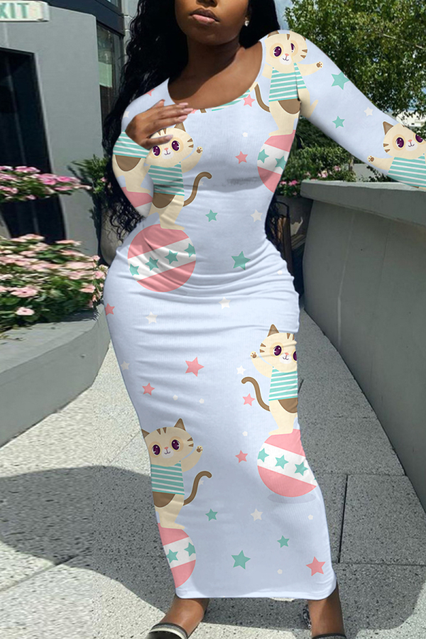 Light Blue Cartoon Print O Neck Long Sleeve Casual Outing Vacation Bodycon Maxi Dresses